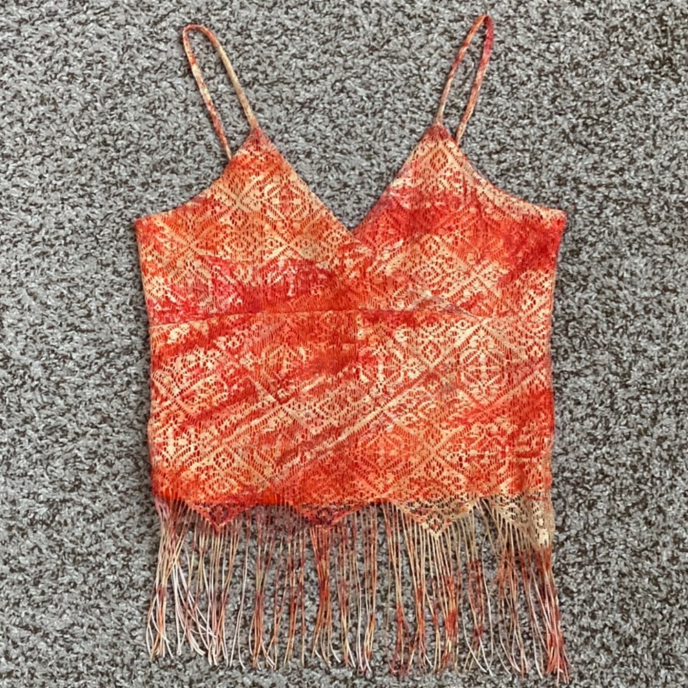 Vintage Crochet Lace Fire Fringe Festival Crop Cami Top